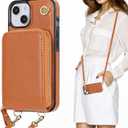 KIHUWEY Crossbody Wallet Case for iPhone 13 iPhone 14, Zipper Pocket Case with Card Holder, PU Leather RFID Blocking Protective Cover Case with Kickstand Detachable Wrist Strap Lanyard 6.1" (Brown)