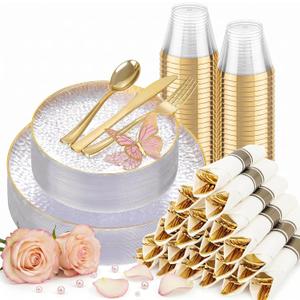 Hioasis 175pcs Clear Gold Plastic Plates - Clear Plastic Dinnerware Set Includes 25 Dinner Plate, 25 Dessert Plate, 25 Cups, 25 Napkins Perfect for Wedding & Party & Mothers Day