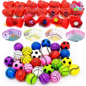 JOYIN 28 Packs Kids Valentine Day Sports Bouncy Ball with Prefilled Hearts and Valentine Cards for Kids Valentine Classroom Exchange, Kids Bouncy Balls for Class Exchange Game Prize