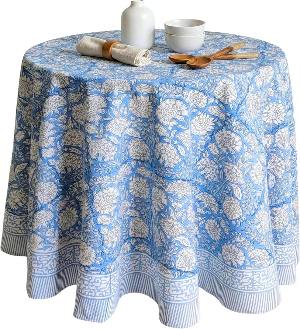 ATOSII Azora Blue 100% Cotton Round Tablecloth, Handblock Print Floral Table Cloth for Kitchen Dining Linen I Parties, Weddings, Outdoors I 90" Inches Round