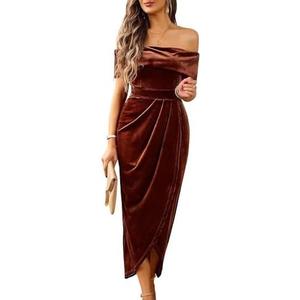 Off The Shoulder Vintage Velvet Bodycon Midi Dress for Women Wrap Slit Elegant Cocktail Party Evening Pencil Dress, XL