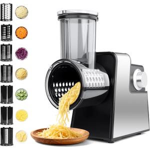 Electric Cheese Grater 7 in 1, Stainless Steel Salad Shooter, Food Slicer Shredder Chopper with Rotary Switch, 300W, for Block Cheese Vegetables Cucumber Carrots