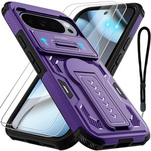 for Google Pixel 10/10 Pro/Pixel 9/9 Pro Phone Case with 2*Screen Protector, Slide Camera Cover, Kickstand, Lanyard Strap,Military Grade Shockproof Protective Heavy Duty Non-Slip Case,Purple