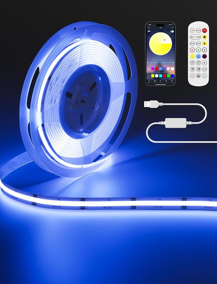 MIWISE 5V USB RGB COB LED Strip Light,9.84ft/3m Tape Lights,RF & App Control,Music Sync,Ultra Bright Color Changing Lighting,UL-Listed,Cuttable & Flexible for Bedroom,Kitchen,Desk,Party,Home Decor (No RGB Chasing)