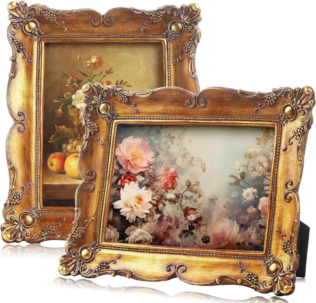 AceOrbit 2 Pcs Vintage Gold Frames 5x7 Gold Frames with Glass Floral Relic Hand Crafted Resin Antique for Tabletop Display, Retro Design Home Decor(Classic)
