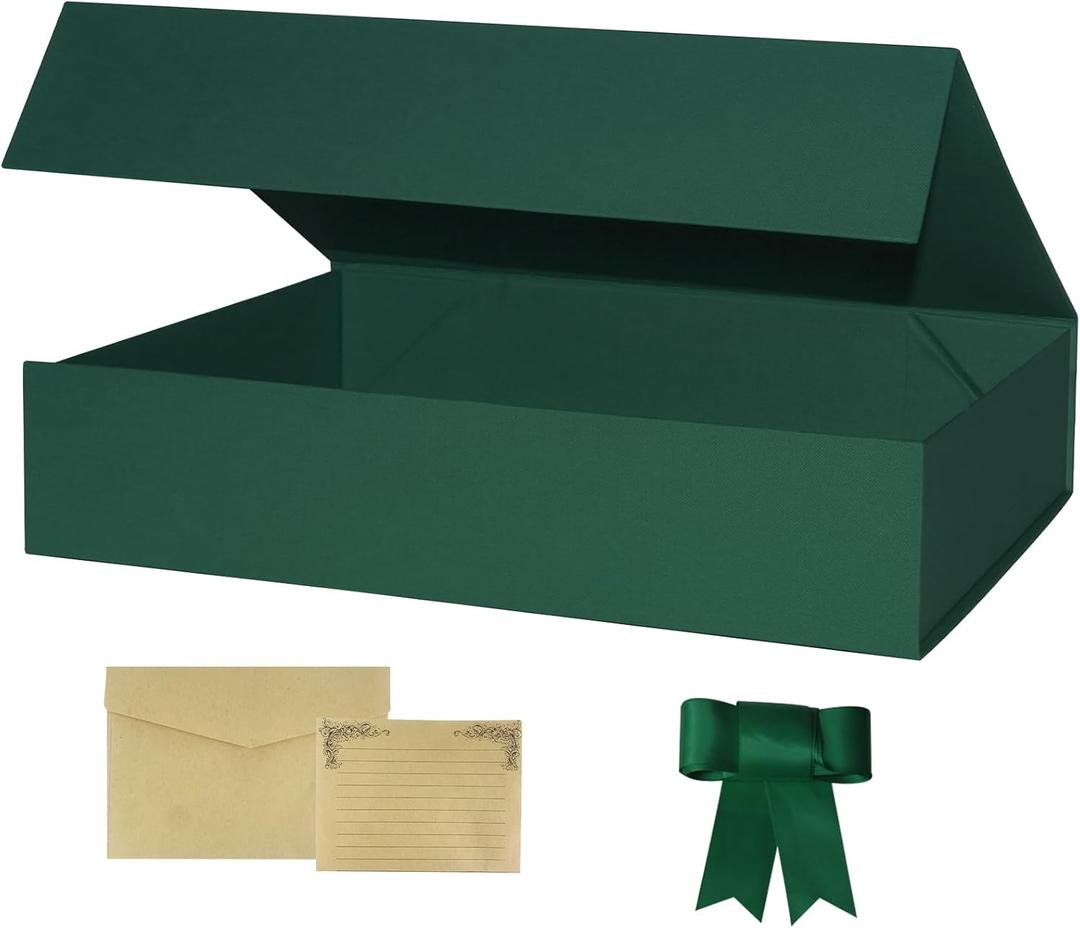 YINUOYOUJIA Gift Boxes 13.8x10.5x3 Inch, Large Gift Box with Lids, Ribbon and Card, Green Collapsible Shirt Boxes, Wrapping Gifts for Scarves, Gloves, Jewelry, Candy, Baby Clothes