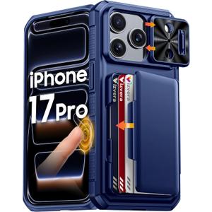 Vizvera for iPhone 17 Pro Case Wallet RFlD [Cards Holder][Camera Control][Camera Cover] Full Body Rugged Shockproof Silicone Protective Phone Case for iPhone 17 Pro 6.3'' 2025(Blue)