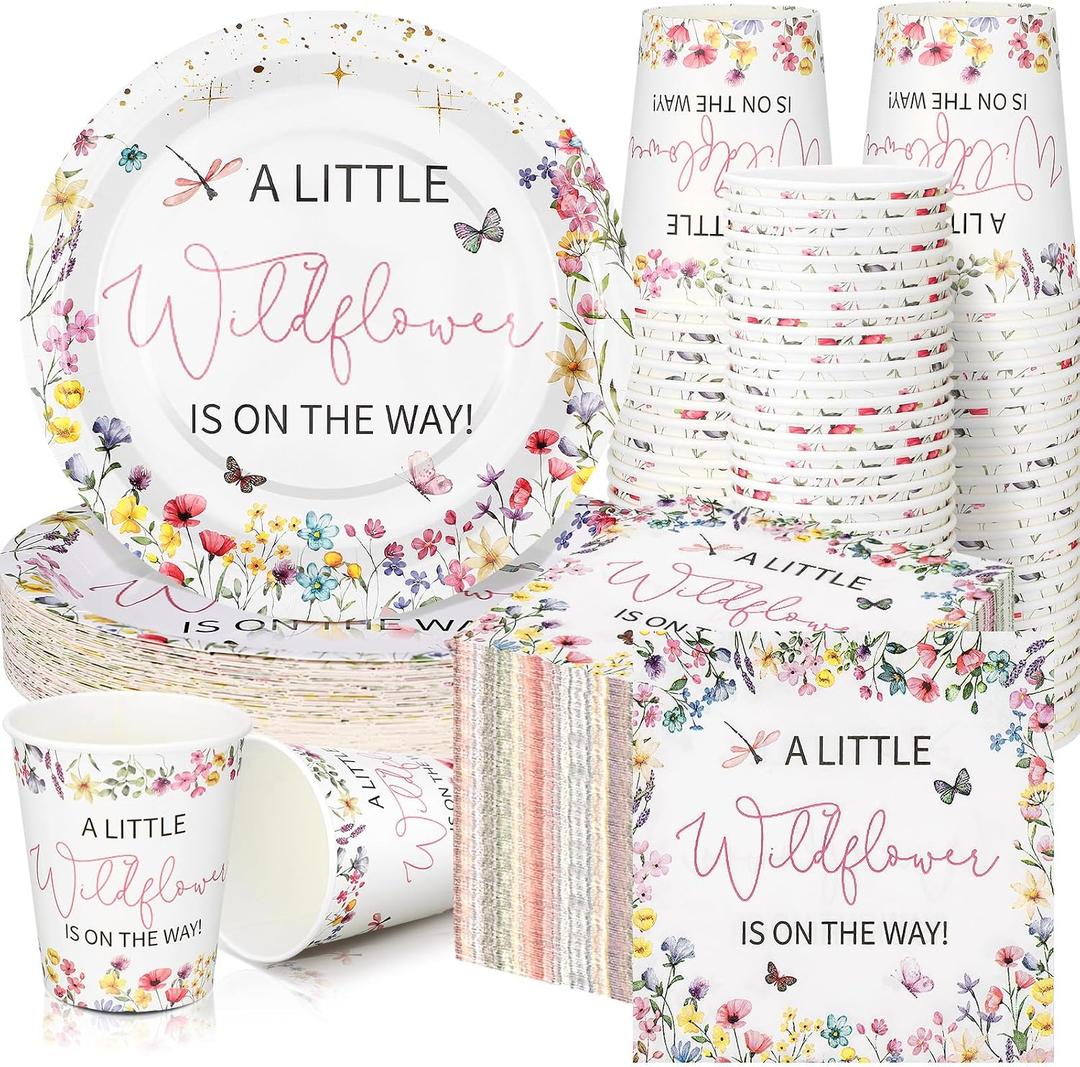 Hushee 200 Pcs Baby in Bloom Baby Shower Paper Plates Napkins Cups Wildflower Party Supplies Tableware Set a Little Wildflower Is on The Way Disposable Plates for 50 Guest Spring Summer Party Decor