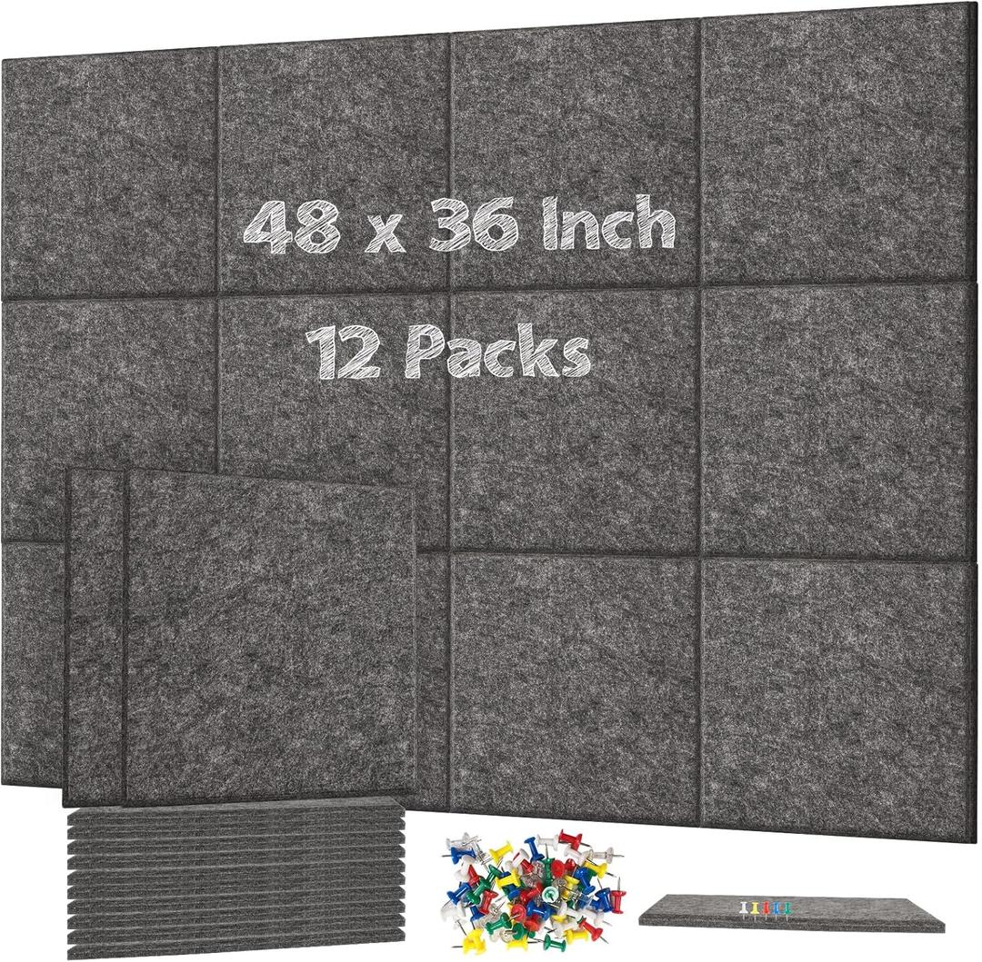 DOLLAR BOSS Large Cork Board for Wall 48" x 36" x 0.5" Bulletin Board 12 Packs Corkboard Tiles Self Adhesive Felt Wall Tiles for Office Home School, Dark Grey