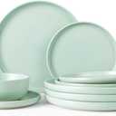 Famiware Milkyway Plates and Bowls Sets, 12 Pieces Dinnerware Sets, Reactive Glaze Dish Set, Stoneware Dishes Set for 4, Light Green