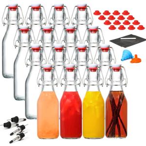 16 Pack 8.5oz Flip Top Glass Bottles, Swing Top Beer Brewing Bottle for 2nd Fermentation, Kombucha, Kefir, Vanilla Extract, Coquito, Juice, Tea - Airtight Stopper Cap Lid, Bonus 4 Bottle Pourers