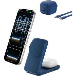 Belkin MagSafe Charger, Compatible 2-in-1 Charging Station, Qi2.2 25W Magnetic Wireless Charger iPhone, Foldable Stand, with 5W USB-C Port, for iPhone 17/16/15, Pixel 10, AirPods, 45W Adapter Included (Blue)