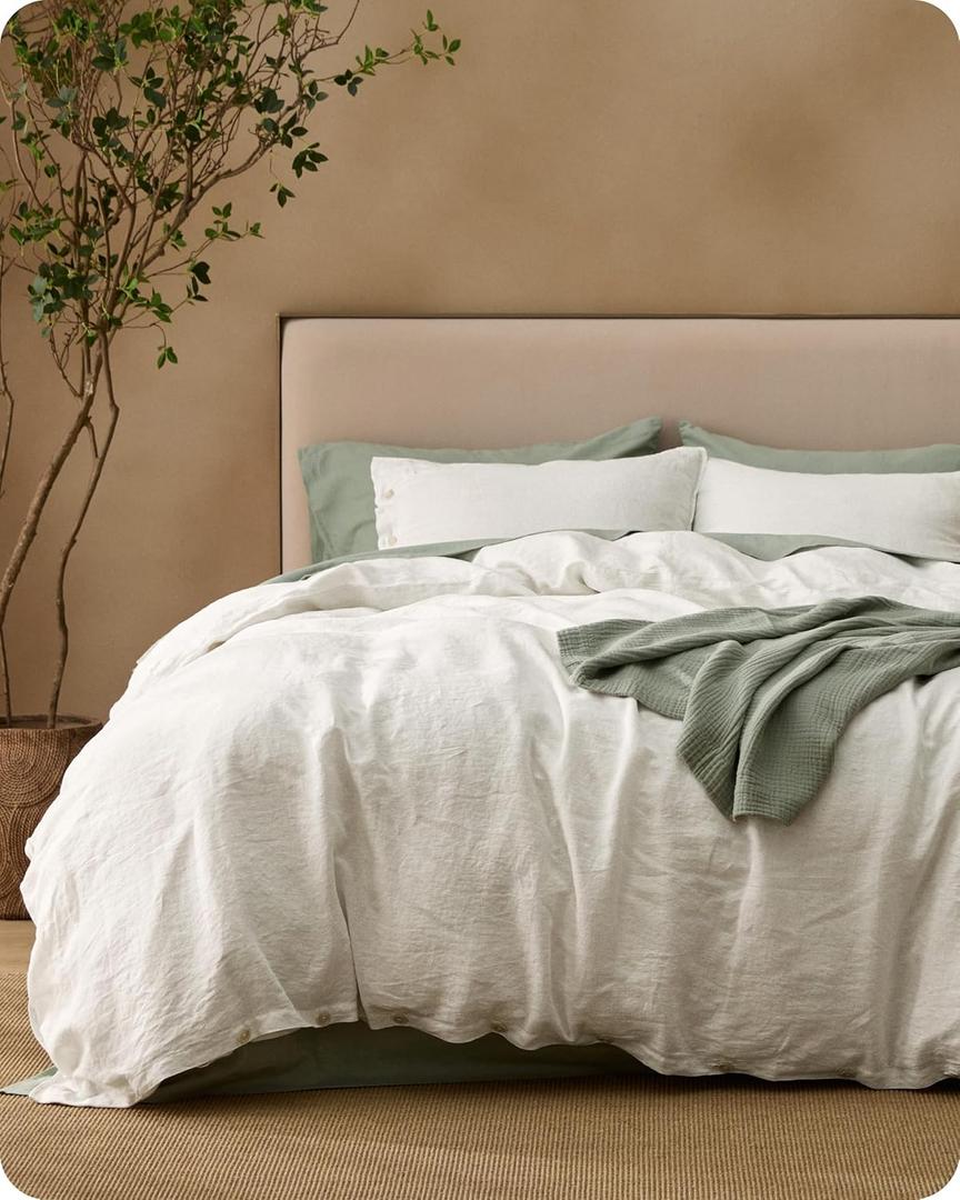 Bedsure 100% Linen Duvet Cover King Size, Washed 170 GMS European Flax-Linen, Soft 3pcs Bedding Set with Button Closure for Farmhouse, Natural Texture, Breathable for Hot Sleeper, White, King