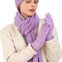 Double Couple 3pcs Winter Women scarf and hat and Touch Screen Gloves Set for Women Knit Hat with Faux Fur Ball Scarves Glove (Purple)