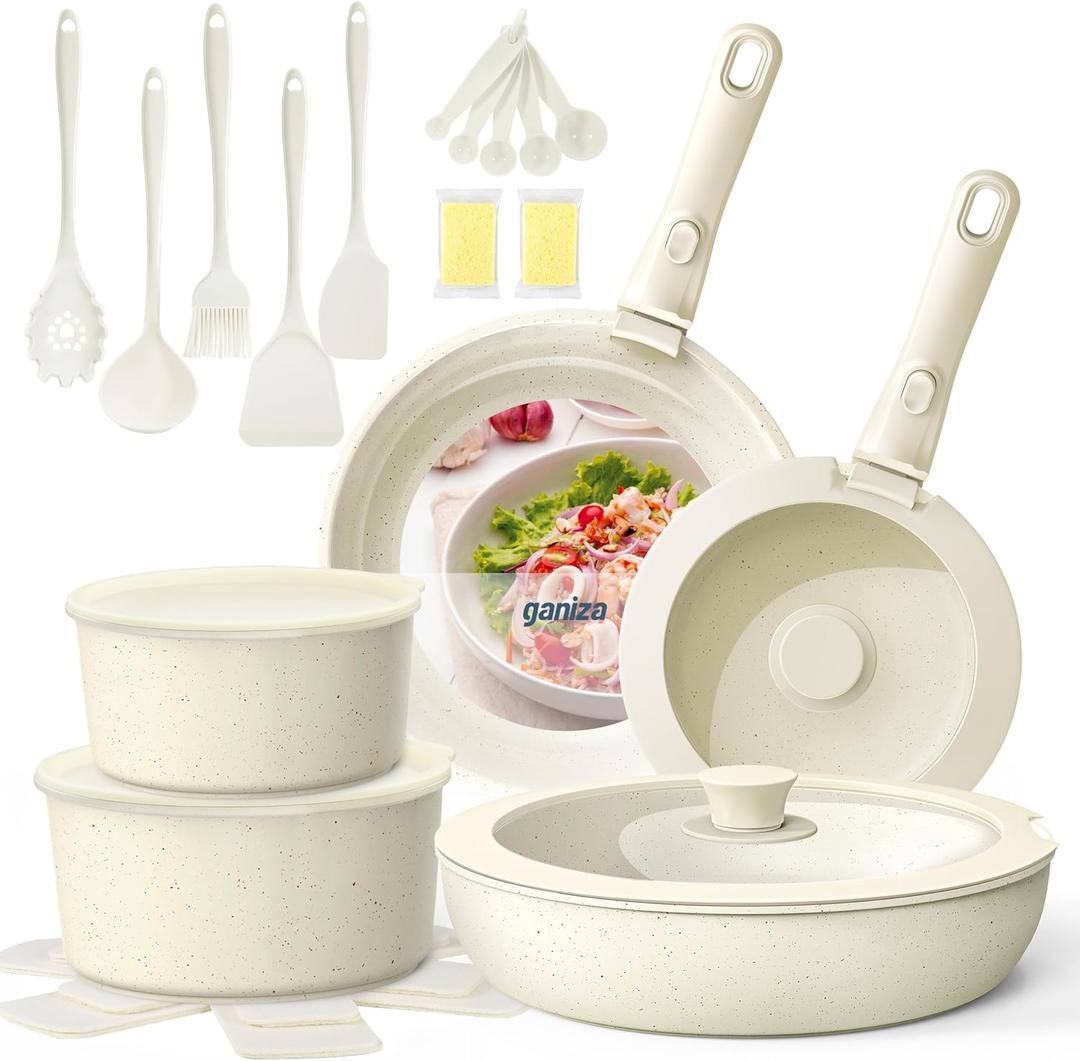 Ganiza 27pcs Nonstick Cookware Set, Pots and Pans Set Non Stick Detachable Handle, Non Toxic Cookware Sets Induction, Pots and Pans with Removable Handles, RV Cooking Set, Oven/Dishwasher Safe (Cream White)