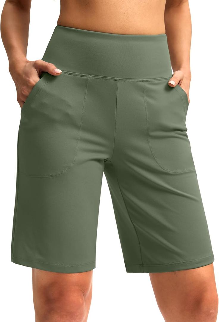 Women's 10" Bermuda Shorts Knee Length with Pockets High Waisted Athletic Long Shorts for Casual Walking Running Yoga (Light Grey Sage)