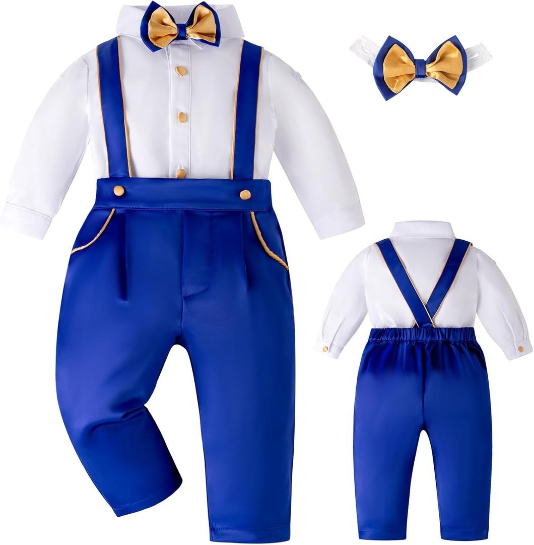 Booulfi Baby Boy Toddler Suits Boys Formal Clothes Bowtie Shift Suspenders Gentleman Outfit Boy Clothes 3 Months-3T (White)