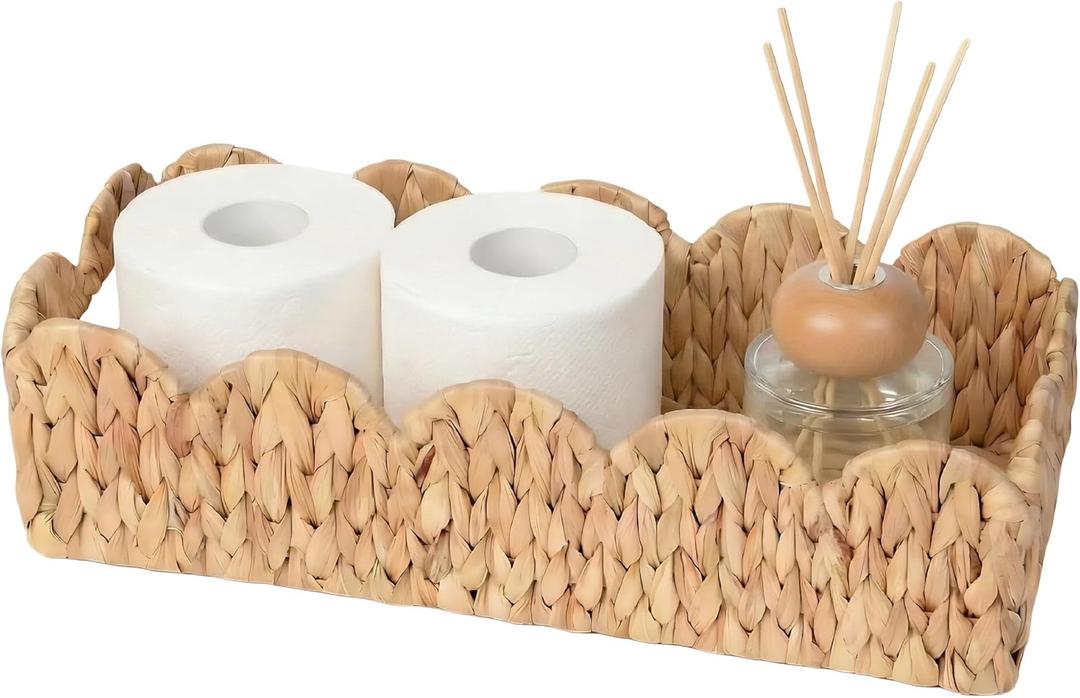 Handwoven Water Hyacinth Toilet Tank Basket with Handles, Scalloped Edge Wicker Toilet Paper Holder for Bathroom Counter, Over Toilet Shelf, Dresser  Boho Decorative Storage Organizer