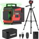Laser Level with Tripod, 2x360 Green Line Laser Tool with Self-Leveling & Manuel Models, Remote/Touch Control, Rechargeable Battery for Picture Hanging, Tile, Home Renovation (Bag Included)