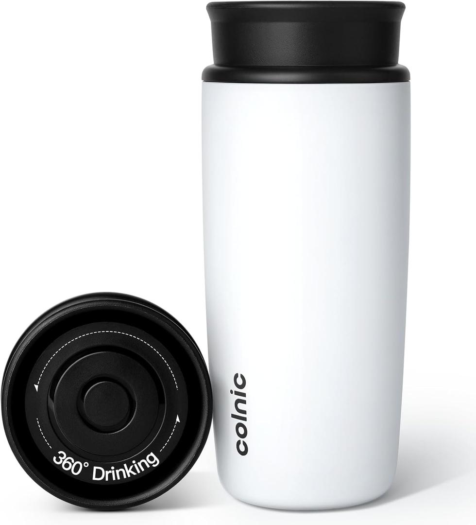Travel Coffee Mug with 360Lid, 12 oz Coffee Tumbler Insulated Travel Mugs for Hot and Cold, Vacuum Insulated Stainless Steel Coffee Cup Leak Proof Spill Proof-Matte White