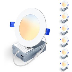 6 Pack 4 Inch 5CCT LED Recessed Light, Silm Canless Recessed Lighting, Dimmable, Damp Rated, 2700K-5000K Selectable, Wafer Ceiling Downlight with Junction Box, 750LM, 9W 120V, ETL&FCC