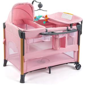 JOYMOR 7 in 1 Bedside Bassinet with Changing Table, Baby Girl Bassinet, Pink Bedside Sleeper with Mattress, Sheet, Canopy, Storage Shelf