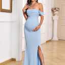 AISWI Off The Shoulder Maternity Dress Ruched Ribbed Knit Bodycon Mermaid Maxi Gown with Slit for Baby Shower Photoshoot (L)