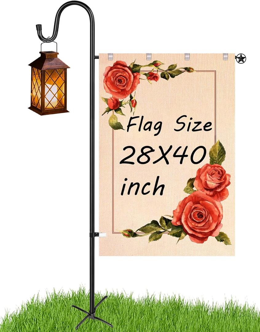 LOPANNY Large Garden Flag Holder Stand Pole for 28 x 40 Flags with Shepherds Hooks for Outdoor - Upgraded Sturdy 60 Inches Yard Flag Post Stake Perfect for Outdoor Decor(without Solar Lights & Flag)