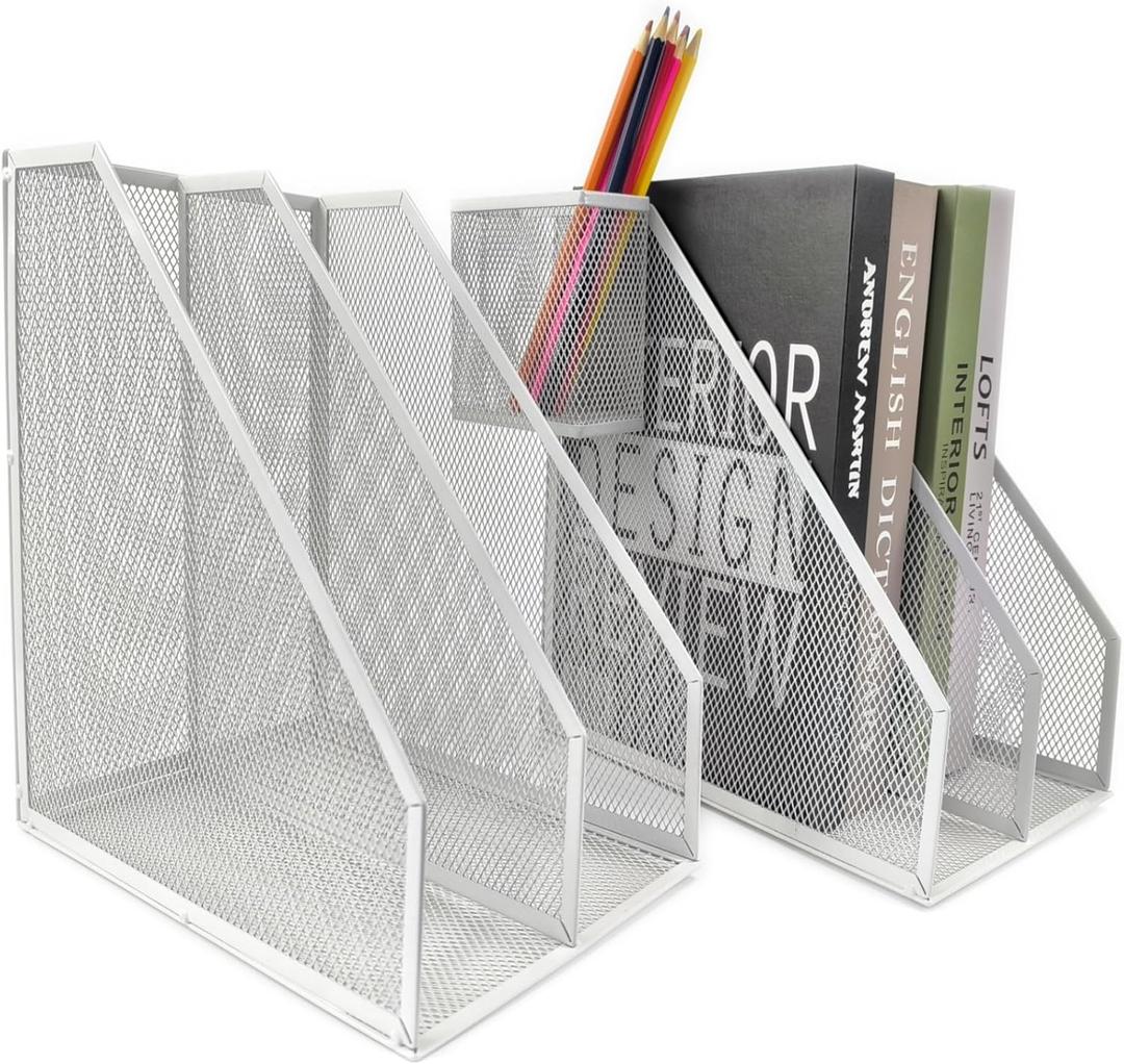 2 Set Desk Organizers, Metal Desk Magazine File Holder and 1 Pen Holder, 2 Compartments Mesh File Holder, Mesh Desktop Organizer and Storage (White)