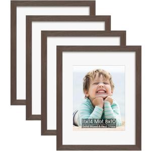 11x14 Picture Frame Set of 4, Holds 8x10 Photos with Mat or 11x14 without Mat, Solid Wood and Real HD Glass for Wall Mount, Picture Frames Collage Wall Dcor, Malnut (Walnut)