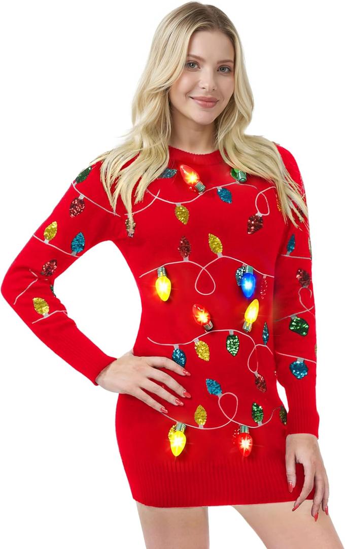 Giggling Getup Womens Light Up Ugly Christmas Sweater Dress with Light Up Bulb, Sweater Dresses for Women 2025 (Small)