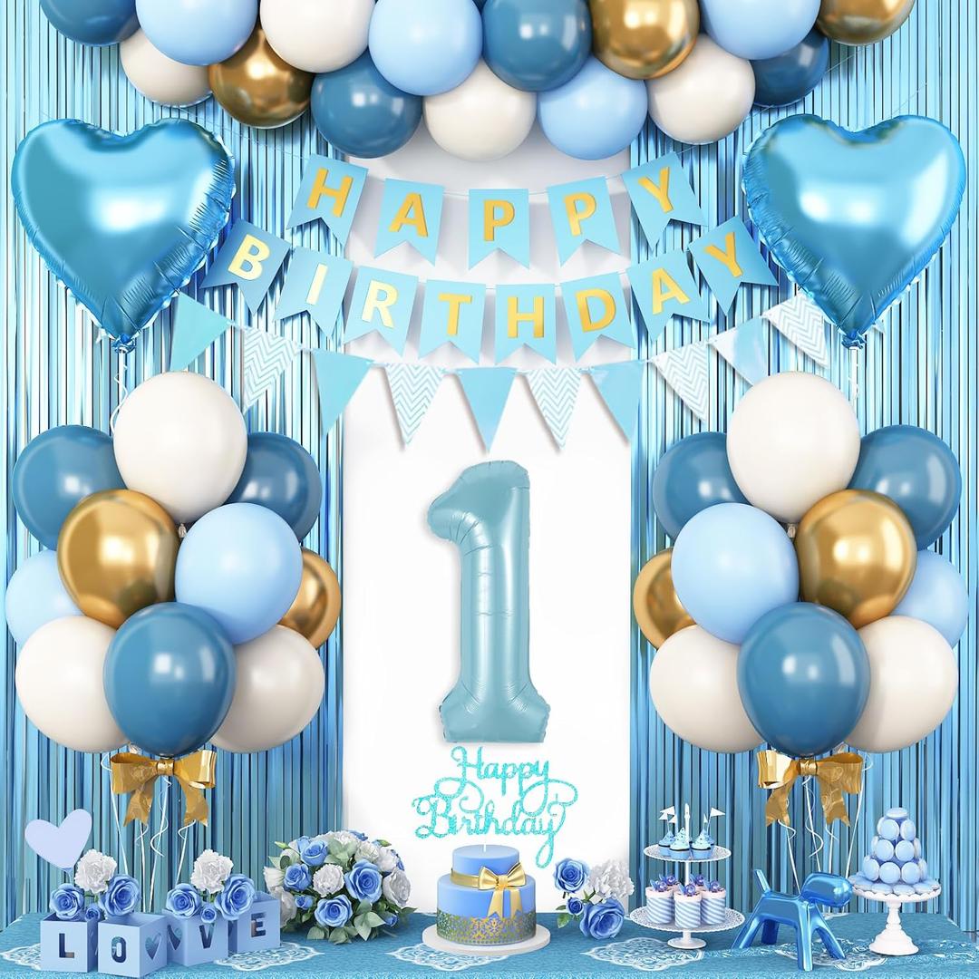1st Birthday Decorations Blue White Gold,First Birthday Balloons with Happy Birthday Banner Fringe Curtain Heart Foil Balloons for Boys Girls 1 Year Old Birthday Decor