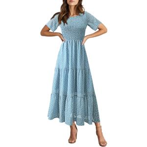BTFBM Women Casual Short Sleeve Crew Neck Summer Dress Bohemian Floral Printed Flowy Maxi Dresses Tiered Cocktail Dress (Blue, XL)
