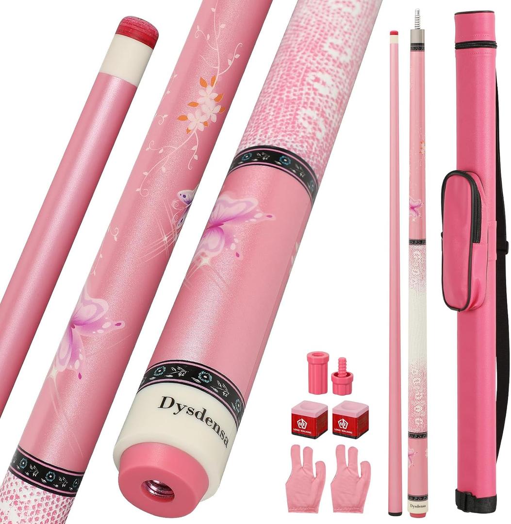 Pink Pool Cue 19oz - 58 inch Canadian Maple Wood 13mm Leather Tip, Floral Design Metallic Paint Lacquer, 3/88 Joint with Case, Chalks, Gloves, Protectors