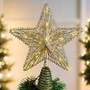 Christmas Tree Topper Star 12 Inch Gold Glitter Hollow Star Tree Topper Metal with Warm White 30 LED Lights for Xmas Decorations Ornaments Indoor Decor Holiday Party