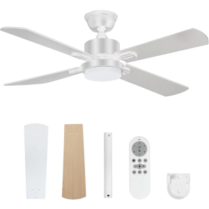 LITBM 42" Ceiling Fans with Light and Remote, Super Quiet 6-Speed Ceiling fan with 3CCT Dimmable Light for Indoor and Outdoor, Reversible, White and Wood