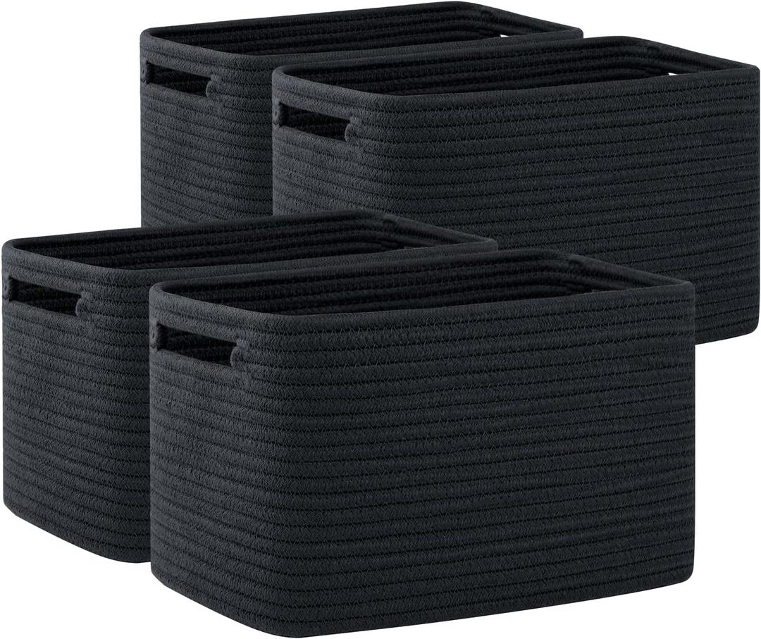 OIAHOMY 4 Pack Storage Baskets for Organizing, Cube Storage Bins for Shelves, Rectangle Storage Baskets With Handles, Woven Baskets for Storage, 12.7''Lx9''Wx7.8''H, Black