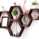 WONFUlity Hexagon Shelves for Wall Mounted, Wood Farmhouse Storage Honeycomb Floating Shelves for Wall Decor,Screws Anchors Included,5pc