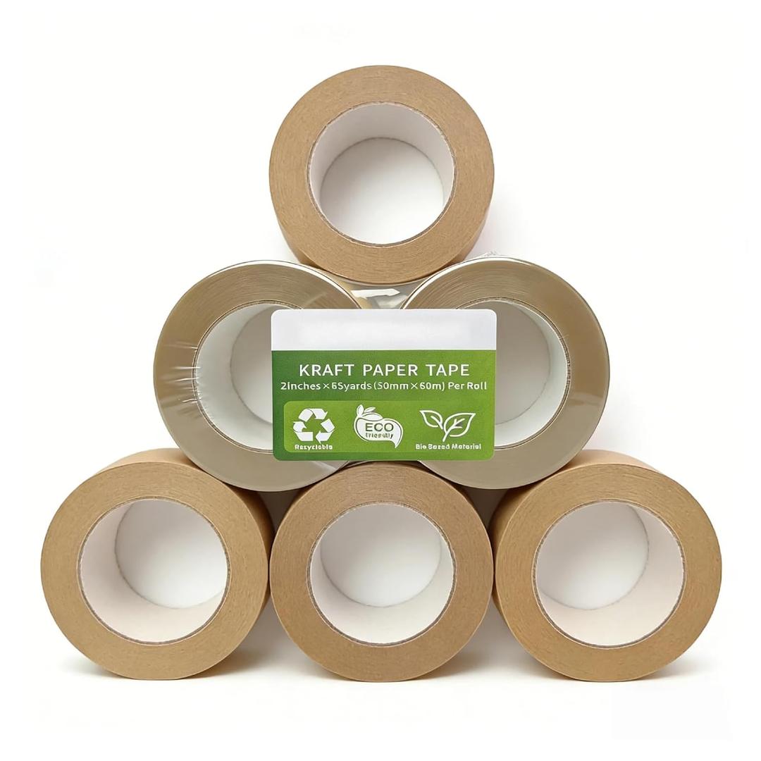 Eco-Friendly Brown Paper Packing Tape 66 Yards x 6 Rolls Recyclable Kraft Packaging Tape for Moving Shipping Mailing, Odorless and Quiet Box & Carton Sealing Packaging Supplies 2 Inch Width