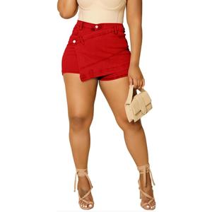 HTD Women's Denim Shorts Skorts Asymmetrical with Pockets (Medium, Red)
