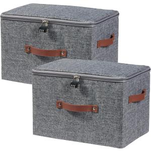 2PCS Storage Bins Boxes with Zipper Lid Combination Lock PU Leather Handles Cotton Linen Fabric Lidded Lockable Baskets Foldable Washable Closet Shelf Organizer Container (Gray, Large)