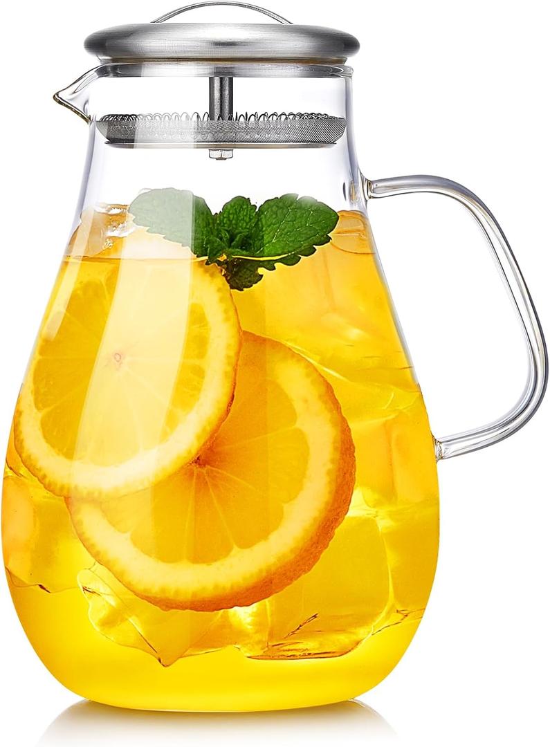 68OZ Glass Pitcher with Lid and Spout, Water Jug, 2000ML Carafe for Hot/Cold Water, Large Iced Tea Pitcher for Coffee, Juice and Homemade Beverage (67.6 Ounces)