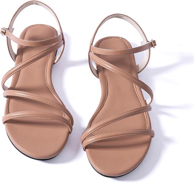 Mtzyoa Women Flat Sandals Dressy Strappy Gladiator Summer Ankle Strap Nude Open Toe Comfortable Wedding Casual Leather Ladies Party Trendy Vacation 9