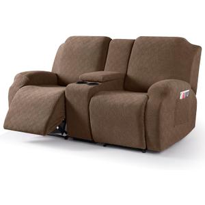 VANSOFY Recliner Loveseat Cover with Middle Console Stretch Reclining Sofa Slipcover for 2 Seat Jacquard Reclining Couch Sofa Covers Furniture Protector with Elastic Straps Bottom (Coffee)