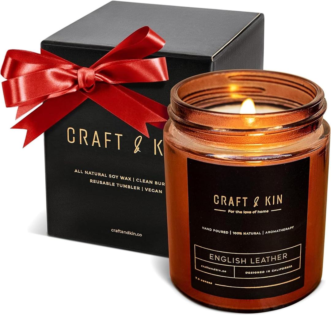 Craft & Kin Christmas Scented Candle for Men | Premium English Leather Holiday Candle | All-Natural Scent for Home | Long Lasting Winter Candles, 45-Hour Burn Time, 8oz (Amber Jar - 8oz)