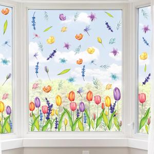 AKEROCK Spring Window Clings, Colorful Flower Static Window Stickers for Spring Decor, Decorations for Home