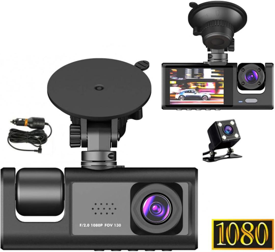 Dash Cam Front and Rear Inside, 1080P FHD Three Channels Dash Camera for Cars, WDR, G Sensor, Loop Recording, Parking Monitor, 24 Hours Recording