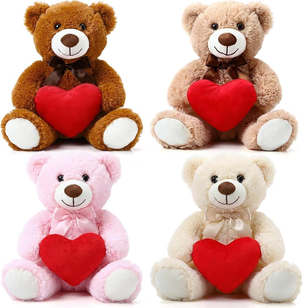 4 Pcs Valentine's Day Love Stuffed Plush Gift, Cute Day Bear Stuffed Plush with Holding Heart, Animal Love Toys Sweet Romantic Valentines Hugging Gift for Couples Wife Husband