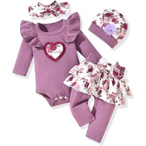fioukiay Newborn Baby Girl Clothes Infant Girls Floral Love Printed Romper and Ruffle Pants Sets 4pcs Winter Fall Outfits, size 3-6M
