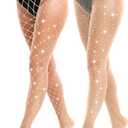 VEBZIN 2 Pack Sparkly Large And Medium Mesh Fishnet Tights For Women Glitter Rhinestone Fishnets Stockings (Nude)